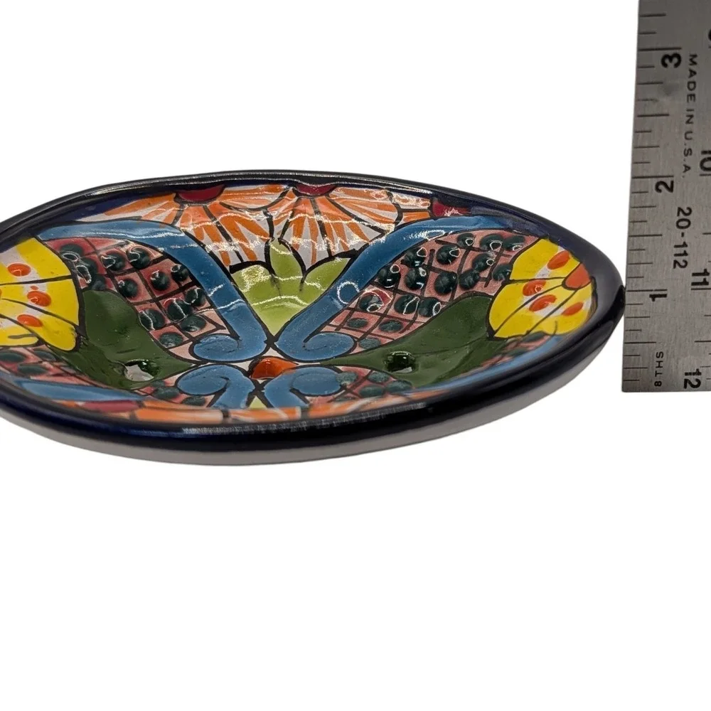 Mexican Hand Painted Soap Dish Red Clay Decorative Multicolors Folk Art